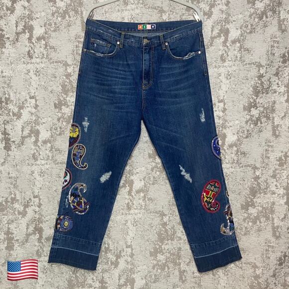 MSGM High Rise Straight Leg Paisley Beaded Jeans - Picture 1 of 8